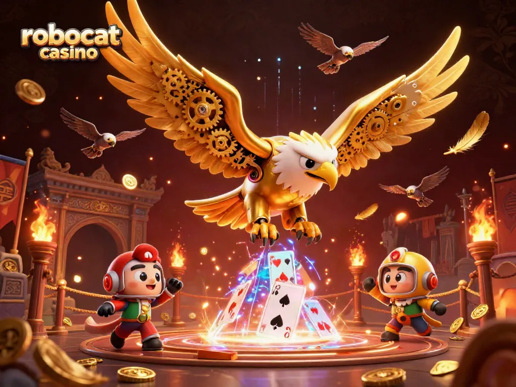 Experience excitement at robocat casino with a cybernetic eagle amidst vibrant animated gaming elements.