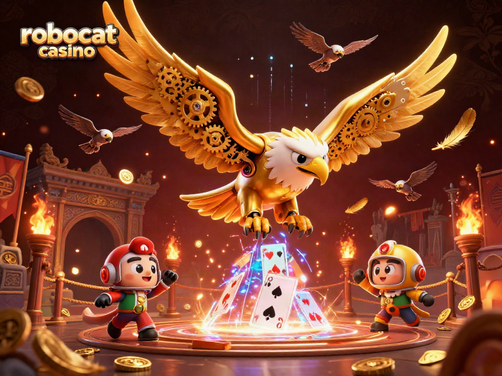 Experience excitement at robocat casino with a cybernetic eagle amidst vibrant animated gaming elements.