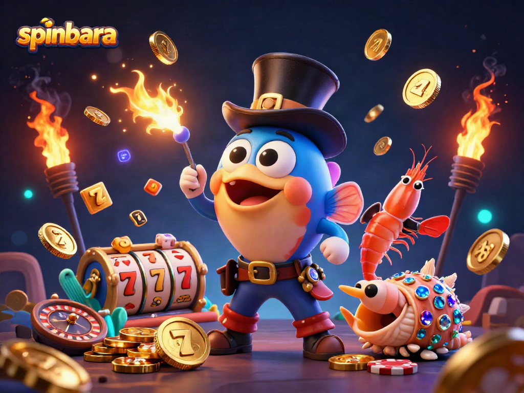 Spinbara characters showcase jackpots while engaging with vibrant casino elements, enhancing the gaming atmosphere.