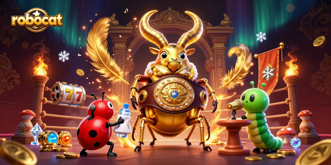 robocat champions in an exciting casino-themed illustration with slot reels and vibrant colors